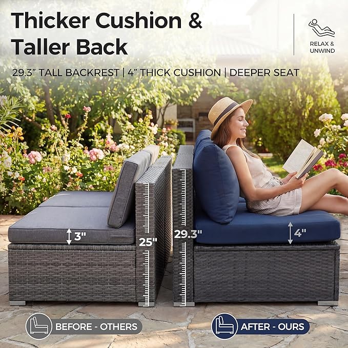 NICESOUL 18 Piece Patio Furniture Set with Fire Pit Table and Chaise, 29.3'' High Back Outdoor Wicker Couch Sets with Firepit and Lounger, 500 lbs Heavy Duty 14-Seat Outdoor Sectional, Gray & Navy