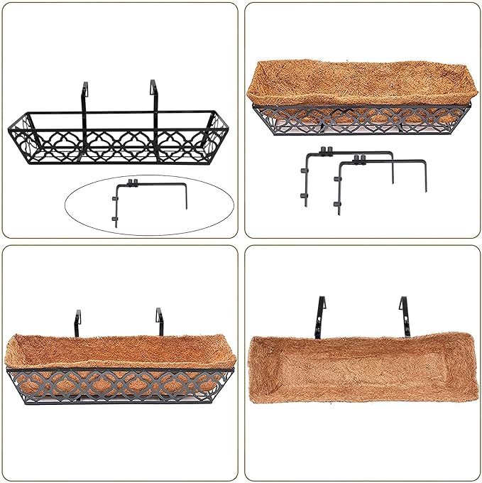6pcs 30 Inch Window Deck with Coco Liner, 30" Window Boxes Horse Trough with Coconut Coir Liner, Metal Hanging Flower Planter Window Basket Deck Railing Planter Boxes for Outdoor Indoor Lawn