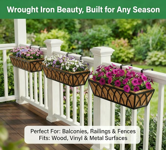 Y&M 24 Inch Window Deck with Coco Liner, Fence Metal Hanging Flower Planter Window Basket Deck Railing Planter Boxes for Outdoor Garden Lawn, 24" Window Boxes Horse Trough with Coconut Coir Liner,4pcs