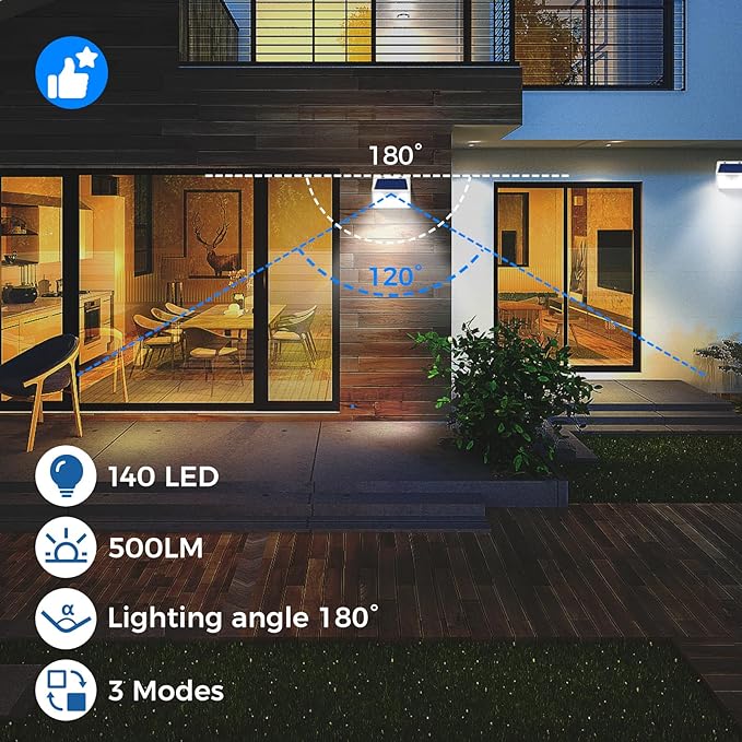 Peasur Solar Lights Outdoor Waterproof, 1Pack 140LED Bright Motion Sensor Security Lights 3 Modes, Solar Powered Fence Wall Light for Garden Yard Outside(Cool White)