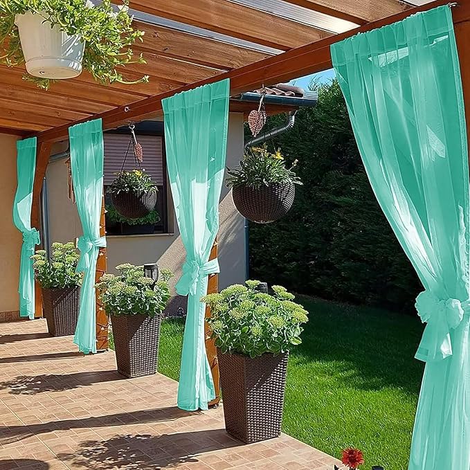 SpaceDresser Waterproof Outdoor Sheer Curtains for Patio - 2 Panels Rod Pocket Indoor Voile Sheer Curtain for Living Room,52W x 84L inch, Turquoise