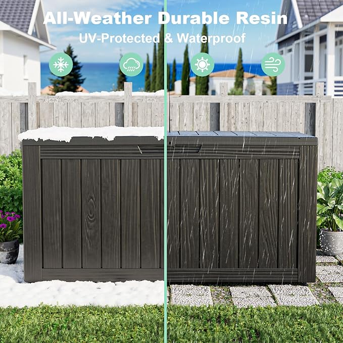 EasyUp 90 Gallon Outdoor Deck Box Waterproof, UV Resistant Resin Outdoor Storage Box for Delivery, Porch, Patio and Garden, Black