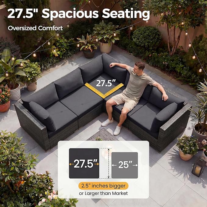 NICESOUL Extra Large Rattan Patio Furniture Set with Gas/Propane Fire Pit Table, 29.3'' High Back Comfy Outdoor Sofa Conversations, 7 Piece Moden Deep Wide Seated Sectional Couch for Backyard, Gray