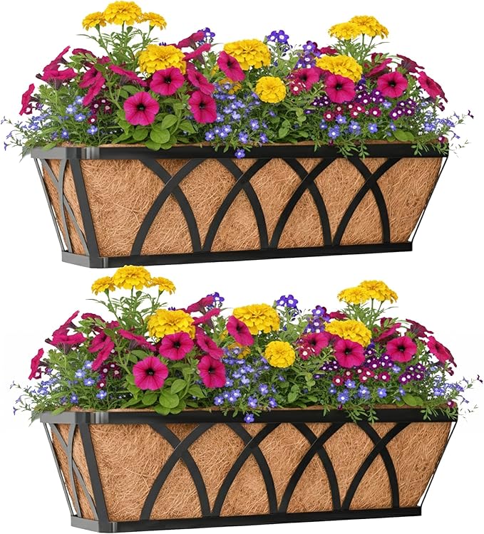 Window Deck Railing Planters Boxes with Coconut Liner, The Bottom Flat Window Boxes Planter Flower Boxes Metal Black Balcony Planters Railing Hanging for Outdoor Fence Porch Patio Lawn(2Pcs 24 Inch)