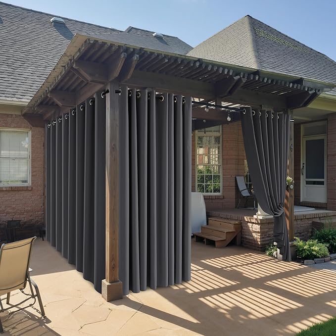 RYB HOME Outdoor Curtains for Patio Waterproof Block Sunlight Thermal Insulated Privacy Assured Thick Outside Curtains for Pergola, Cabana, Gazebo, W52" x L72", Grey, 1 Panel