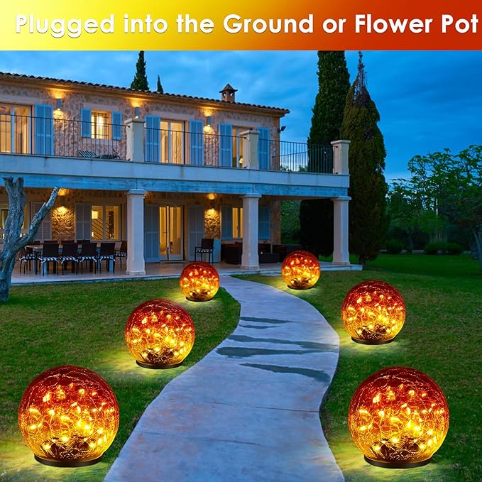 2 Pack Garden Solar Lights Outdoor Decorative, 60 LED Gradient red Cracked Glass Solar Globe Lights, Upgraded Waterproof Ball Lights for Yard Pathway Patio Christmas Outside Decor, 4.73"