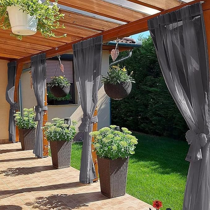 SpaceDresser Waterproof Outdoor Sheer Curtains for Patio - 2 Panels Rod Pocket Indoor Voile Sheer Curtain for Living Room,52W x 96L inch, Grey