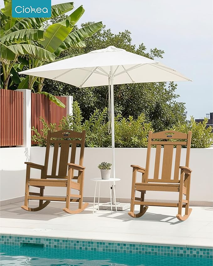 Ciokea Oversized Outdoor Rocking Chair, 380lbs Heavy-Duty Large Patio Rocker, Weather Resistant & Anti-Fade Porch Chair, High Back Cozy Rocking Chair for Outside, Fire Pit, Deck, Garden, Teak
