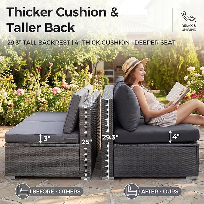 NICESOUL 9 Piece Patio Furniture Set with Fire Pit Table Propane/Natural Gas, 29.3'' High Back Extra Large Outdoor Sectional with Firepit & Chaise Lounge, Deep Seated PE Wicker Conversation Set, Gray