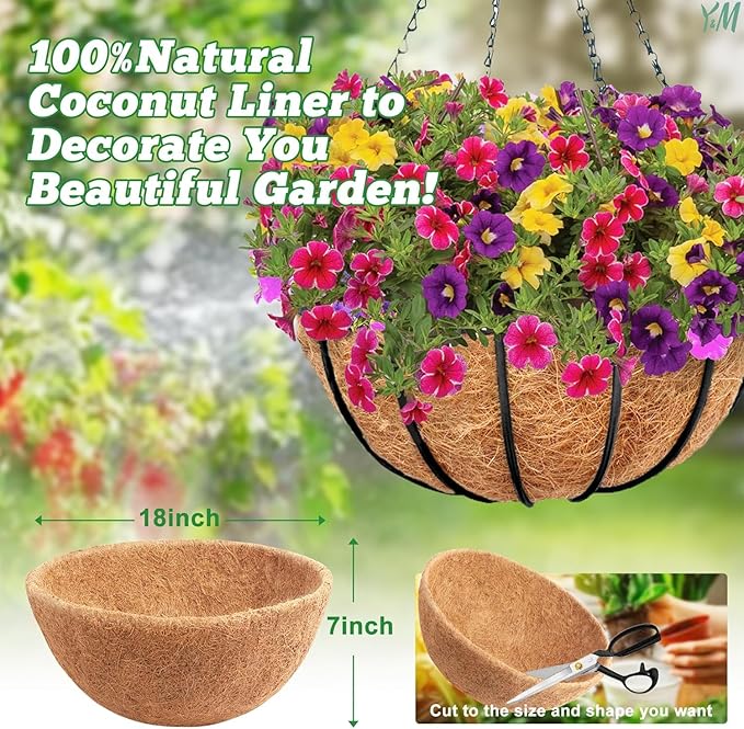 Y&M 4pcs 18“ Round Coconut Fiber Liner, 18'' Coco Liner Pre-Formed Replacement for Wall Hanging Planter Basket