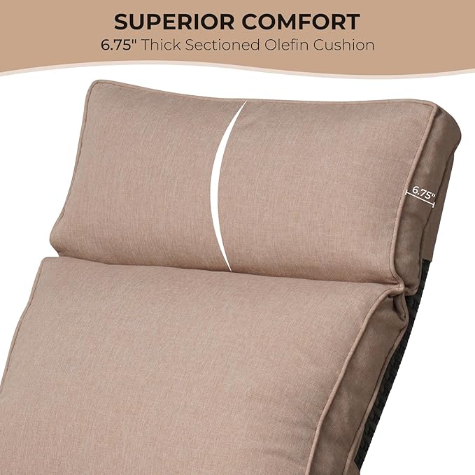 Grand patio Outdoor Recliner with Independent Adjustable Back and Footrest, Air Pump 150° Lay Flat Reclining Chair Removable Olefin Cushion Flip-Up Table Wicker Beige 1PC