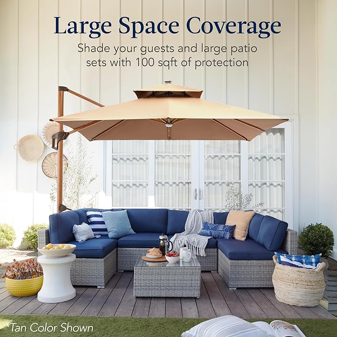 Best Choice Products 10ft Square Cantilever Patio Umbrella w/Base Included, Woodgrain Pattern Pole & Solar LED Lights, 360-Rotation, Offset Hanging Outdoor Shade - Black