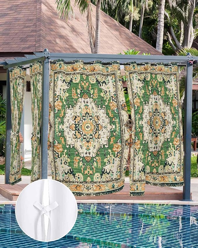 Ombre Green Boho Outdoor Curtains for Patio Waterproof, Grommet Privacy Curtain Drapes Weatherproof Outside Curtains for Porch GazeboPergola Cabana 1 Panel 54x108inch Vintage Ethnic Tribal Geometric
