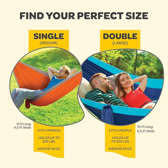 Durable Hammock 400 lb Capacity, Nylon Camping Hammock Chair - Double or Single Sizes w/Tree Straps and Attached Carry Bag - Portable for Travel/Backpacking/Beach/Backyard (Medium, Blue & Light Blue)