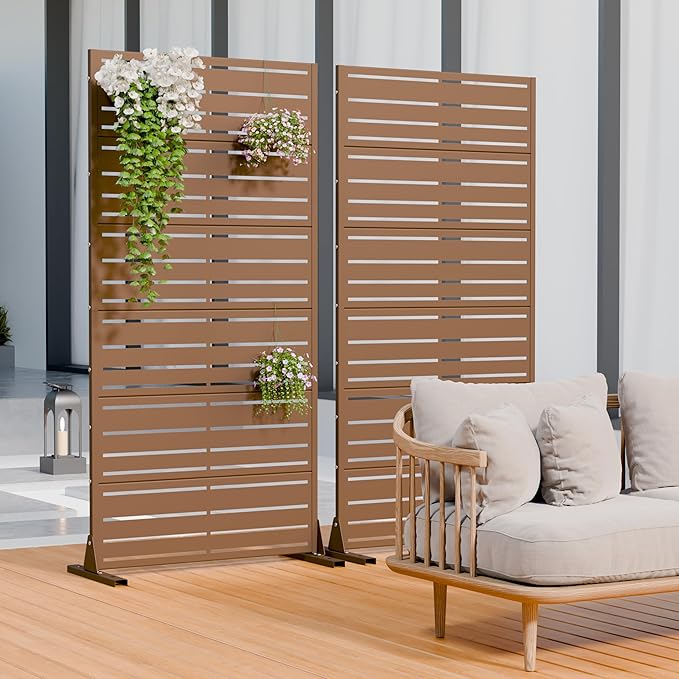 Casaphoria Metal Privacy Screen Outdoor, 72" H x 35" W Freestanding Decorative Privacy Screen for Patio Deck Balcony Garden with Stable Base, Brown-Benjamin