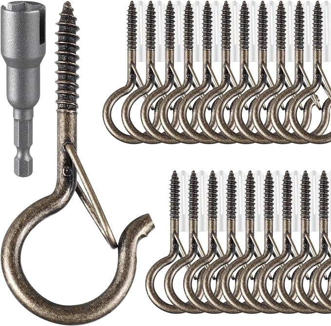 24 PCS Q-Hanger Hooks, Screw Hooks for Outdoor String Lights, Safety Buckle Design Cup Eye Hook for Hanging Christmas Lights, Plants, Mounted on Wall Ceiling, Include 1 Wing Nut Driver, Copper