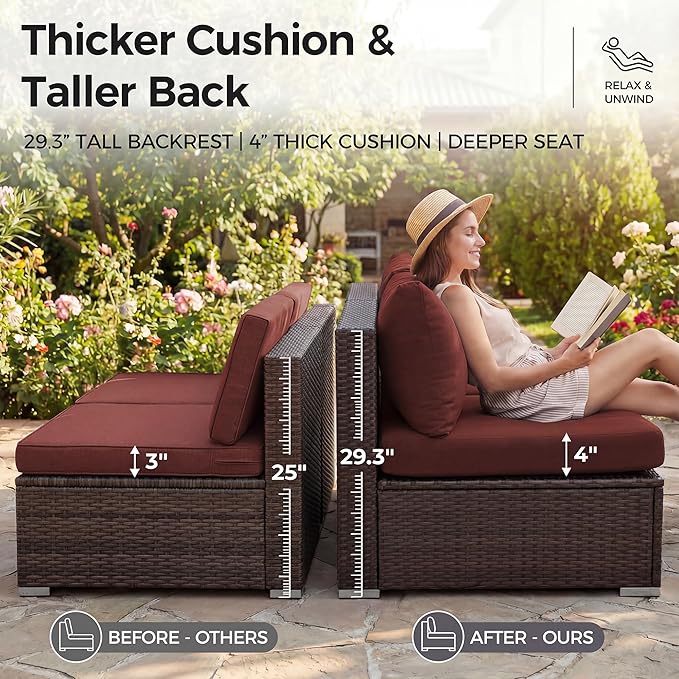 NICESOUL 29.3'' High Back Wicker Patio Furniture Set for 8 Person, Extra Big Outdoor Modular Sectional with Ottoman, Deep Seated Relax Conversation Sets for Backyard Deck, Brown and Red