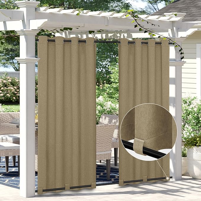 Easy-Going Linen Look Outdoor Curtains Waterproof Windproof Porch Curtains, Soft Thicken Outdoor Privacy Curtains for Patio, Gazebo, Grommet Top and Tab Bottom Drape, 1 Panel, 110x108 inch, Khaki