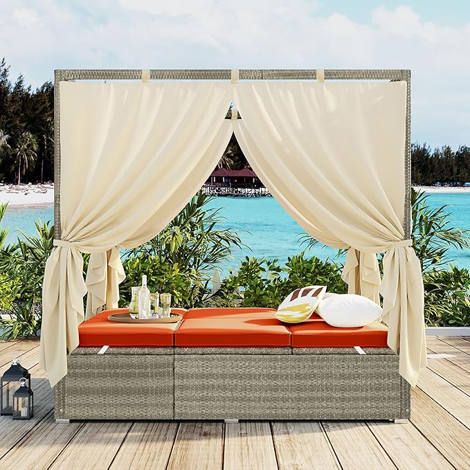 Patio Chaise Lounge, Gray PE Rattan Outdoor Patio Wicker Sunbed Daybed with Adjustable Seats, Four-sided Canopy, Overhead Curtain and Orange Cushion for Backyard, Garden, Poolside (for 2-6 people)
