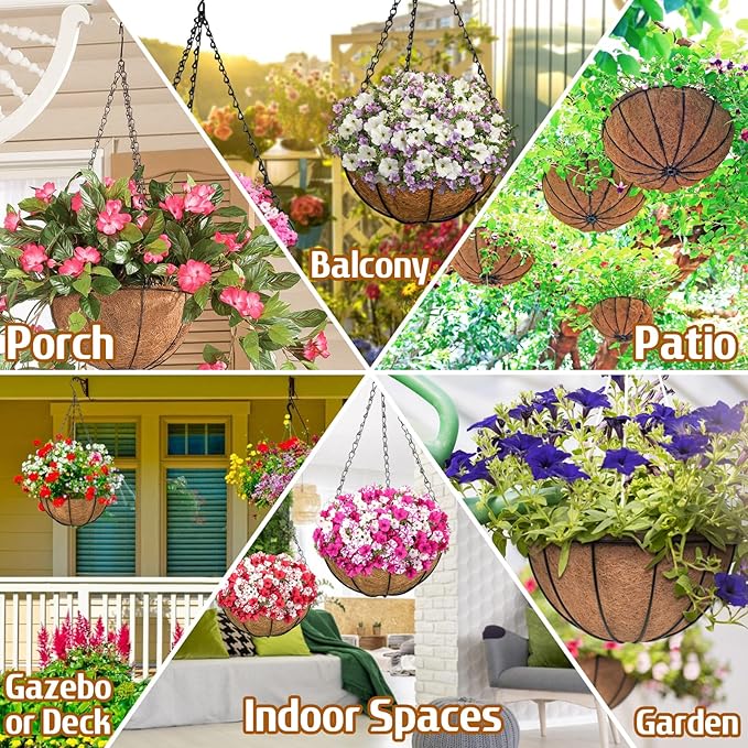 ZeeDix 6 Pack 10 Inch Metal Round Hanging Planter Basket with Coconut Liners Replacement, Hanging planters Baskets with Natural Coco Liner for Outdoor Indoor Planters Flowers Vegetables