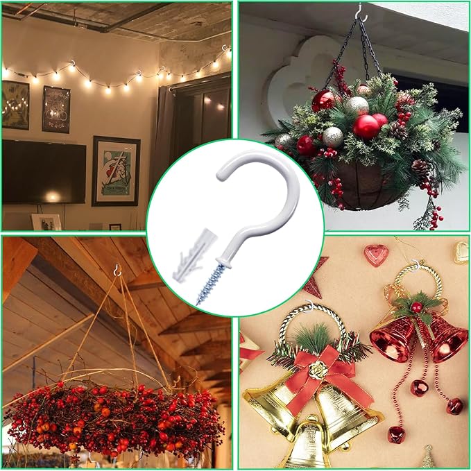 20 Pcs Ceiling Hooks for Hanging Plants - 2.9 inches Heavy Duty, Hanging Hooks for Christmas Lights, Cups, Decors - White Vinyl Coated Screw in Plant Hanger Hook Indoor and Outdoor