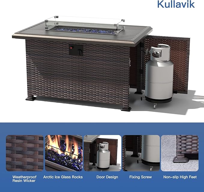 Kullavik 8 Pieces Outdoor Patio Furniture Set with 43" 55000BTU Gas Propane Fire Pit Table PE Wicker Rattan Sectional Sofa Patio Conversation Sets,Navy Blue