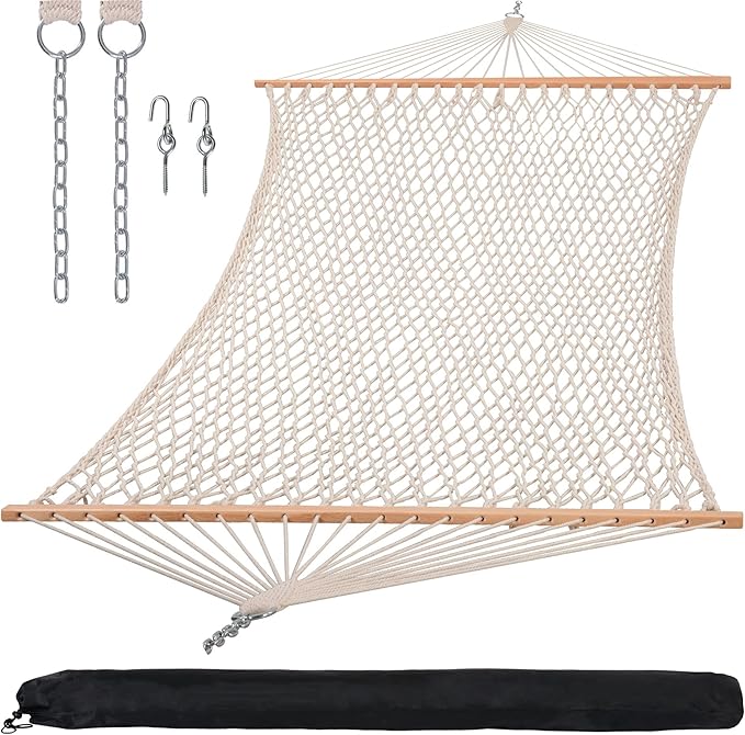 SUNCREAT Hammocks Traditional Rope Double Hammock with Hardwood Spreader Bar and Carrying Bag, 450 lbs Capacity, Natural
