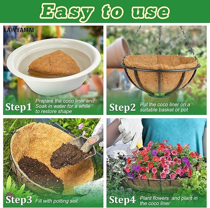 Y&M 4pcs 18“ Round Coconut Fiber Liner, 18'' Coco Liner Pre-Formed Replacement for Wall Hanging Planter Basket