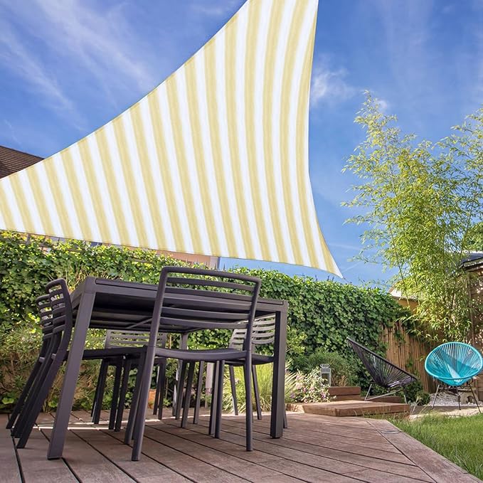 E&K Sunrise 6' x 6' x 6' Sun Shade Sail Triangle Canopy Shade Cover UV Block for Patio Backyard Garden Outdoor (Beige White Strip)