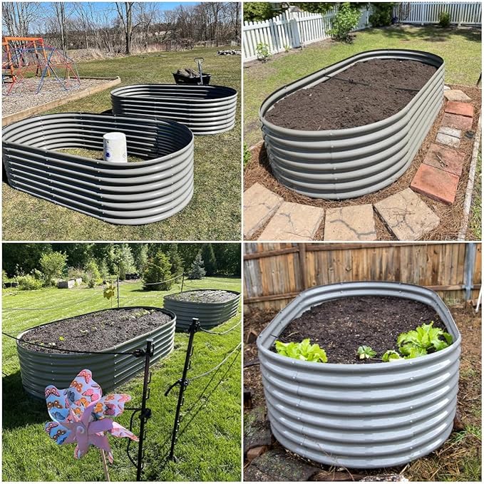A ANLEOLIFE 4-Set 8X4X2 ft Galvanized Raised Garden Bed Kit, Oval Metal Deep Root Planters for Outdoor Plants, Quartz Grey