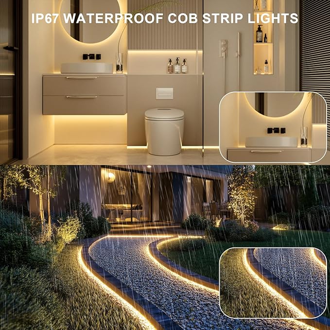 20ft COB Outdoor LED Strip IP67 Waterproof, 6500K Cold Whit DC24V Flexible LED Rope Strips with Remote & App Control Dimmable, DIY Lighting for Indoor, Outdoor, Bedroom, Garden, Patio