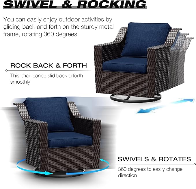 Joyside Wicker Patio Furniture Sets, 8 Pieces Upgraded Large Size Outdoor Furniture with 4 Swivel Rocking Patio Chairs, 3-Seat Sofa, Fire Table, Coffee Table, Thick Cushions, Wide Armrest, Blue
