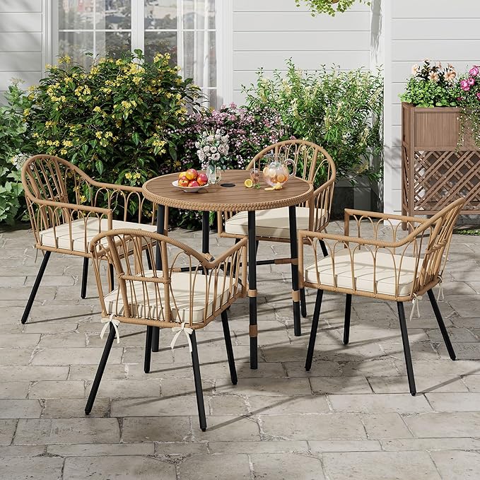 DWVO Outdoor Patio Dining Table Round for 4 35.4" Outdoor Tables with Umbrella Hole & Adjustable Levelers All-Weather Bistro Table with Metal Frame for Lawn Garden Backyard