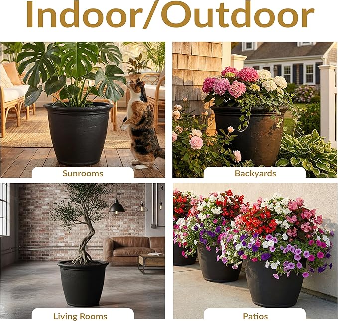 Sunnydaze 24-Inch Anjelica Large Plastic Pot for Plants - Outdoor Double-Walled Large Plastic Planter with Drillable Drainage Holes - Matte Black - 4pk