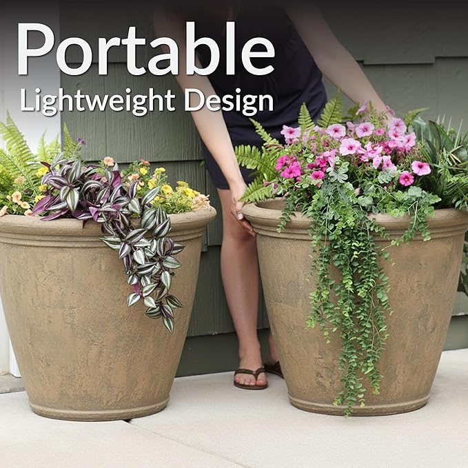 Sunnydaze 24-Inch Anjelica Large Plastic Pot for Plants - Outdoor Double-Walled Large Plastic Planter with Drillable Drainage Holes - Beige - 3pk