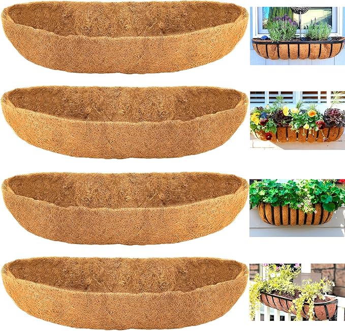 Coco Liners for Planters - 4 Pack 36 Inch Trough Coconut Liners for Planters, Window Box Coco Liners, 100% Natural Coconut Fiber Liners for Wall Hanging Basket, Window Box, Fence Baskets
