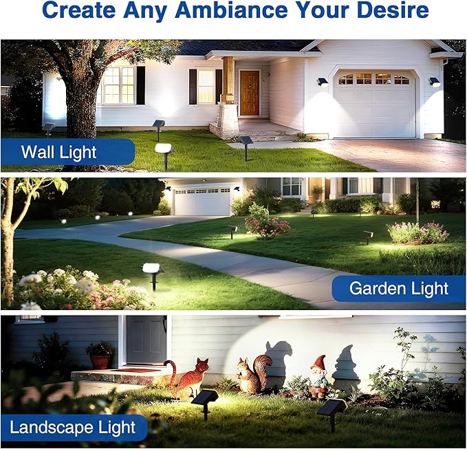 Solar Lights Outdoor Waterproof IP65, Super Bright LED with Lens, 6500K 2 Lighting Modes, Solar Powered Yard Garden Solar Spot Lights for Outside Landscape Auto On/Off -2 Pack