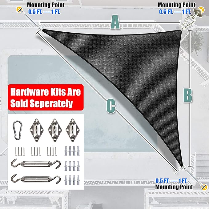 Amgo Custom Size 12' x 18' x 21.6' Black Right Triangle Sun Shade Sail Order to Make Canopy Awning UPF50+ AGSLT, 95% UV Blockage, Water & Air Permeable, 200GSM Commercial Standard (We Customize)