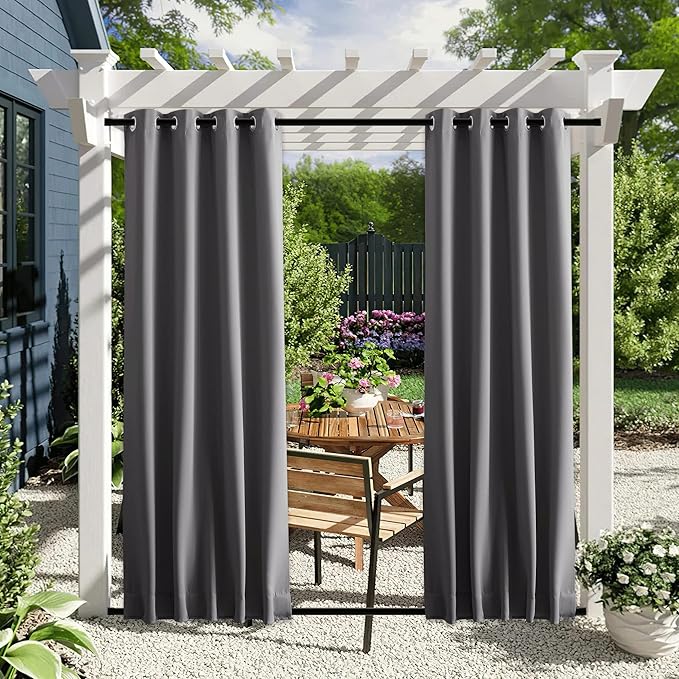 NICETOWN 2 Panels Weighted Outdoor Curtains for Patio Waterproof & Windproof, Grommet & Back Tab on Top & Bottom Privacy Light & Sound Block for Pergola with Bonus Rope for Fixed, Grey, W46 x L72