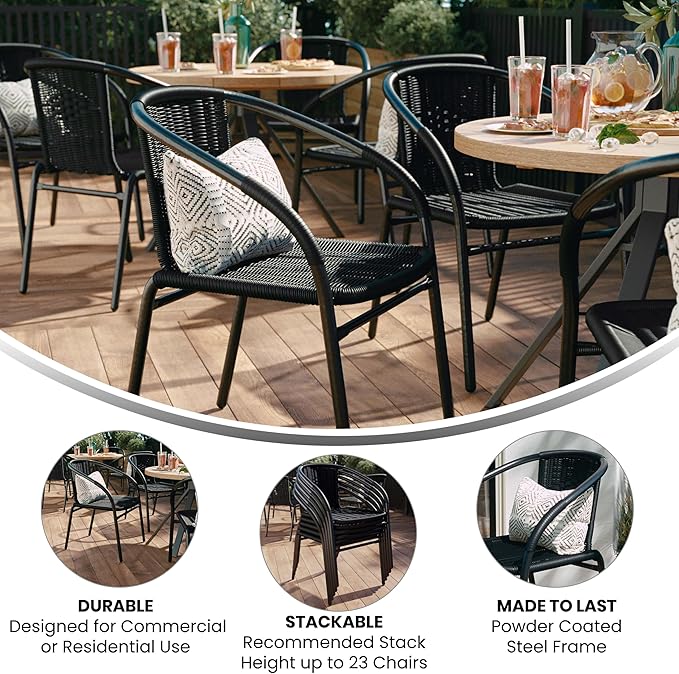 Flash Furniture Lila Modern Rattan Indoor/Outdoor Stackable Dining Chairs, Stacking Rattan Bistro Chairs for Patio or Restaurant, Set of 4, Black