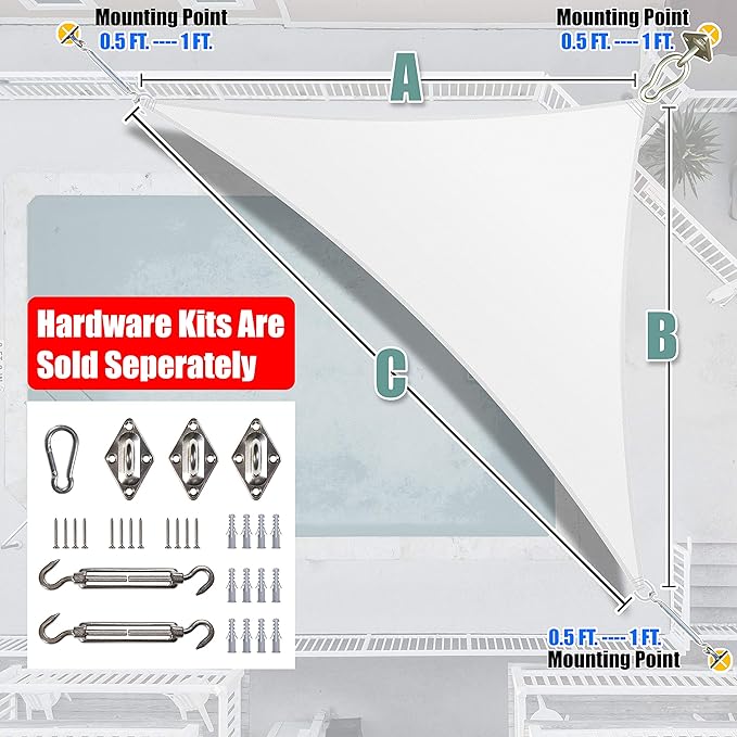 Amgo Custom Size 16' x 16' x 22.6' White Right Triangle Sun Shade Sail UPF50+ AGTAPRT12, Order to Make Canopy Awning, 95% UV Blockage, Water & Air Permeable, Commercial Standard (We Customize)