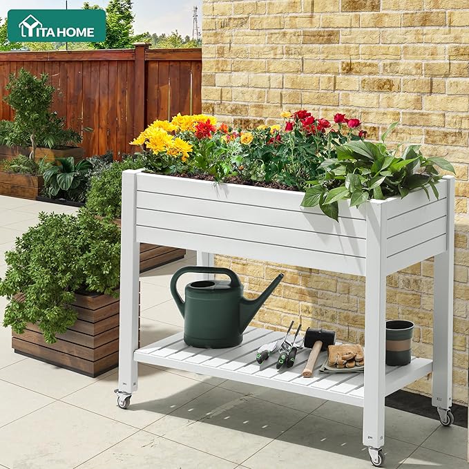 YITAHOME 43.3x17.7x34 in Elevated Garden Bed 2pcs, Outdoor Plastic Planter Box with Wheels, Legs, Drain Plug, and Storage Shelf for Plants, Vegetables, Flowers, Herbs, Grayish-White