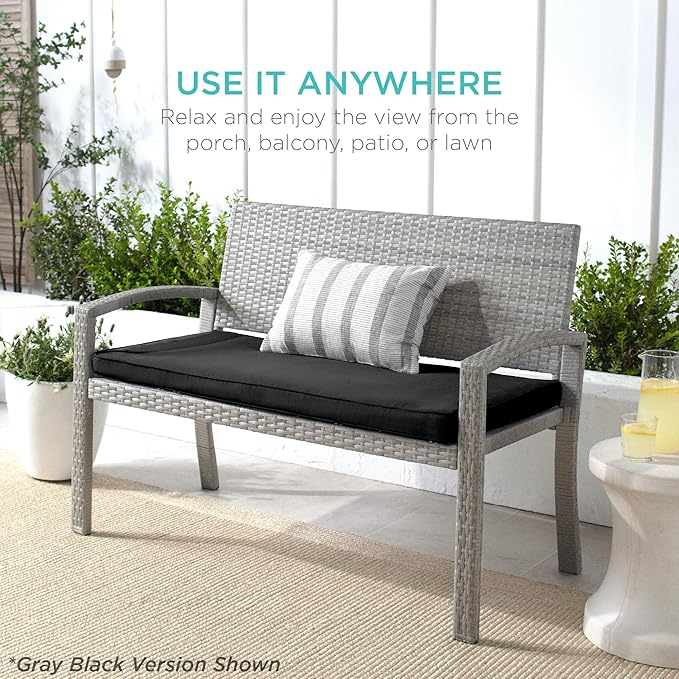Best Choice Products Outdoor Bench 2-Person Wicker Garden Patio Benches Seating Furniture for Backyard, Porch w/Seat Cushion, 700lb Capacity - White Sand/Taupe