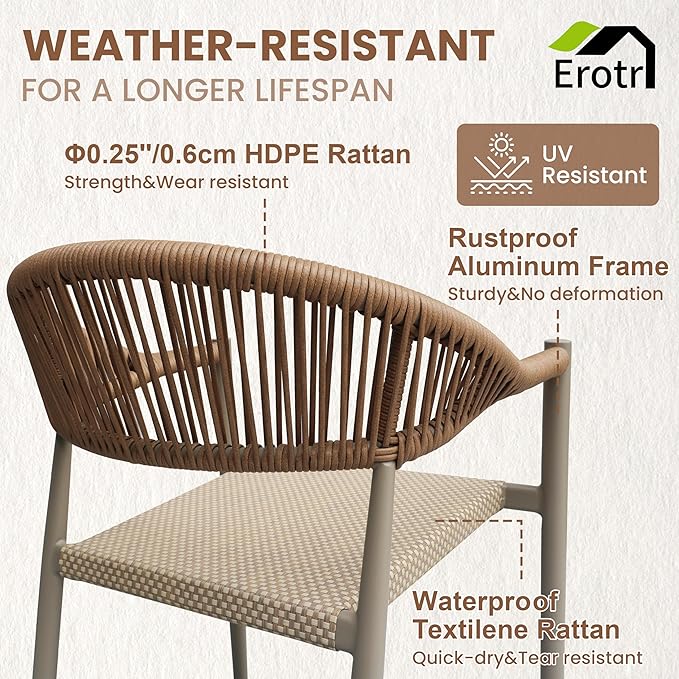 8 Pcs Stackable Patio Dining Chairs, Aluminum Rattan Outdoor Dining Chair with Arms, Woven Rope Garden Armchair Metal No Assembly for Bistro Balcony Porch Deck Yard Cafe Restaurant, Light Brown