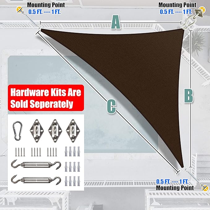Amgo 12' x 12' x 17' Brown Right Triangle Sun Shade Sail UPF50+ Canopy Awning AGSLT, 95% UV Blockage, Water & Air Permeable, 200GSM Heavy Duty Commercial and Residential (We Make Custom Sizes)