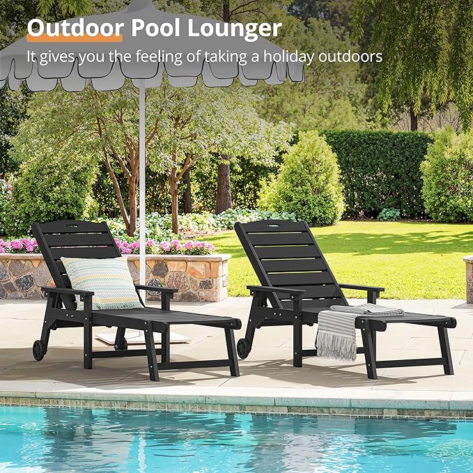 LUE BONA Outdoor Chaise Lounge Chairs Set of 2, HDPS Lounge Chair, 5 Positions Adjustable Pool Lounge Chairs, Patio Furniture Sets with Wheels for Poolside, Hotel, Restaurant, 3 Year Warranty, Black