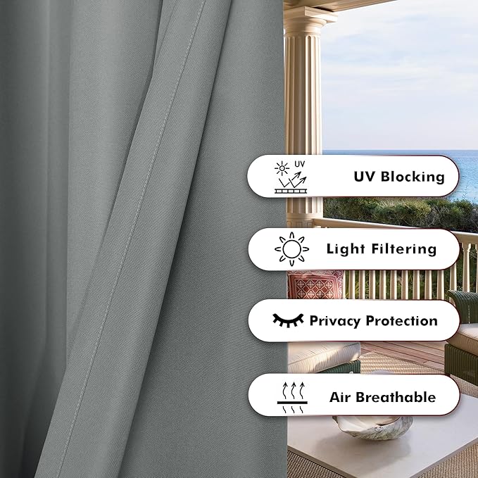 BONZER Outdoor Waterproof Curtains for Patio Privacy Grommet Light Filtering Outside Curtains for Gazebo, Porch, Pergola, Pavilion, 1 Panel, 84W x 84L inch, Grey