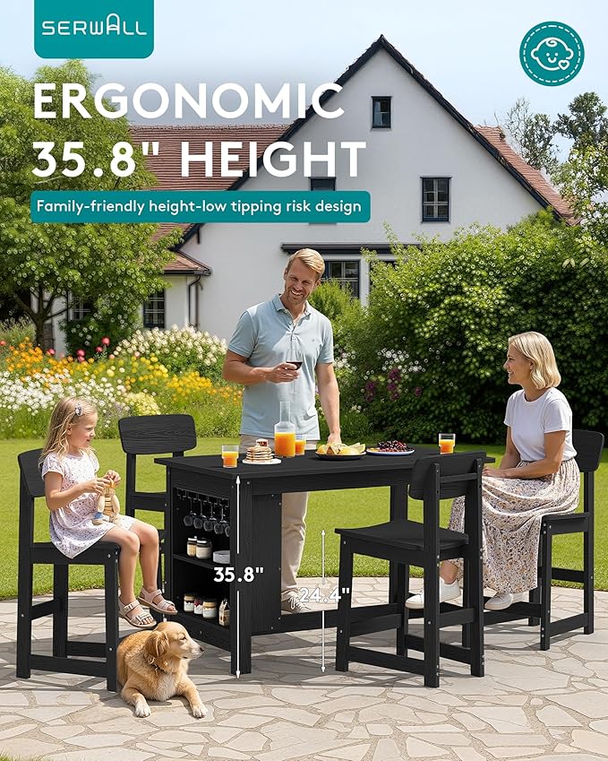 SERWALL 10-Piece HDPE Counter Height Dining Table Sets with Storage and Wine Rack, 2 Rectangular Bar Table with Bar Stools Set of 8 for Garden, Backyard, Kitchen, Black