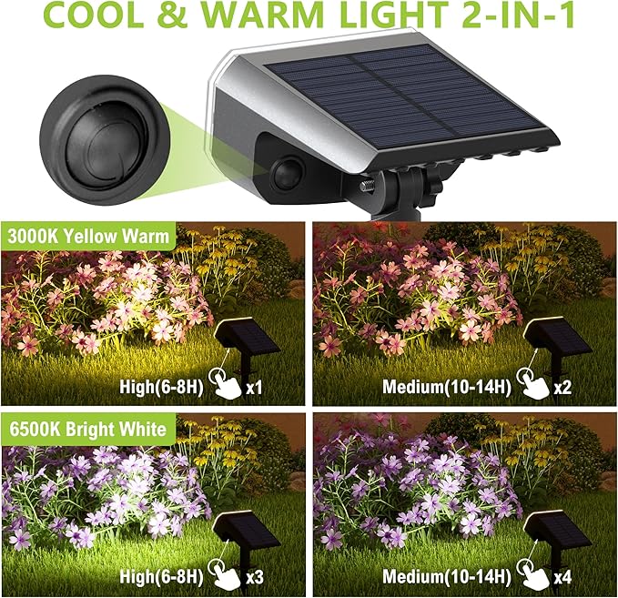 DAMINY Solar Spotlights Outdoor Waterproof IP65,2 CCT(Warm White & Cool White),4 Lighting Modes Solar spot Lights for Yard,Garden,Pathway,Landscape,Auto On/Off-2 Pack