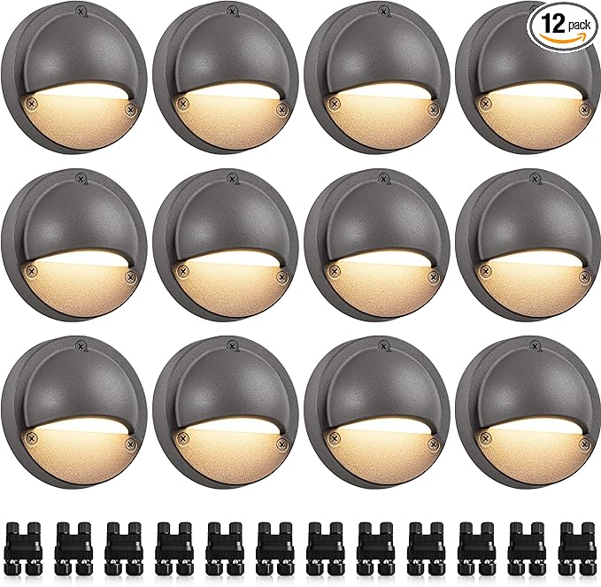 SUNVIE 12 Pack Low Voltage Deck Lights 5W LED Landscape Step Stair Lights Outdoor with Fastlock2 Wire Connector 3000K 12-24V Accent Lighting for Garden Post Fence 3.2FT ETL Listed Cord